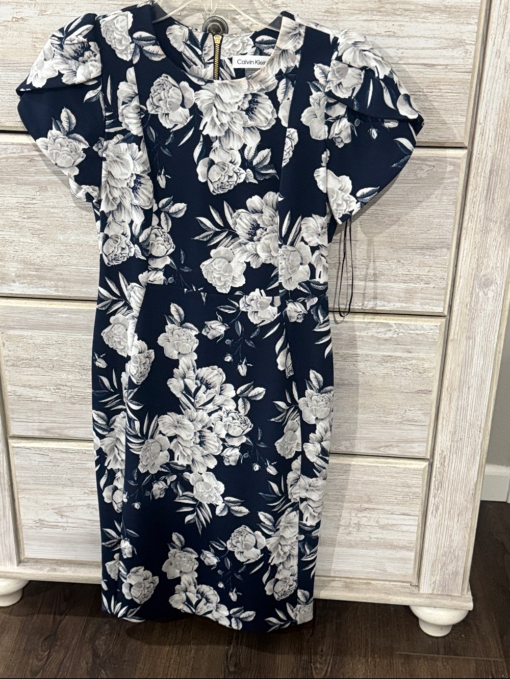 Calvin Klein Navy and White Floral Midi Dress
